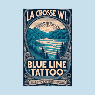 Blue Line Tattoo River Bluff Scene Vintage Stamp Label T-Shirt