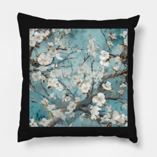 White blossom on Teal Blue Background Pillow