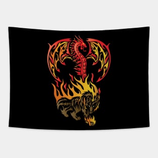 Tribal / Tattoo Art Style Flaming Dragon and Wolf Tapestry