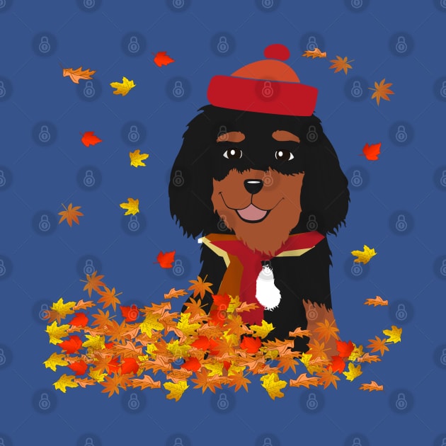 Fall Black and Tan Cavalier in Leaves by Cavalier Gifts