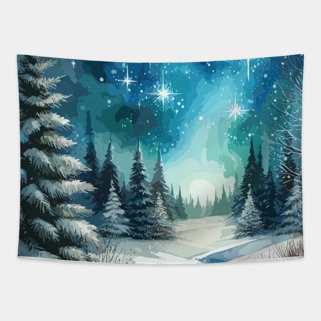 Winter Forest Starry Night Tapestry by Siha Arts