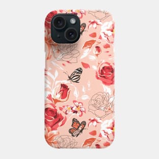 Beautiful Rose Flowers and Butterfly Pattern Artwork Phone Case