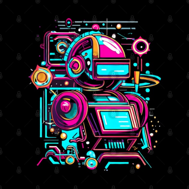 A piece that incorporates both retro and futuristic elements, such as robots and neon colors with a vintage twist. by maricetak