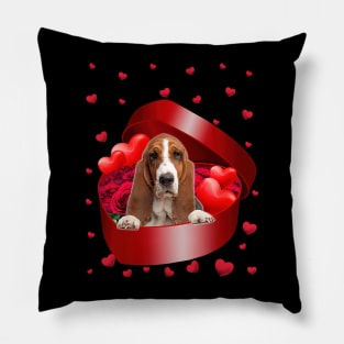 Basset Hound Dog In Sweet Heart Box Happy Valentine's Day Pillow