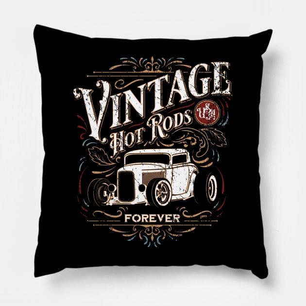 Vintage Hot Rods Forever Distressed Classic Car Nostalgia Pillow by hobrath