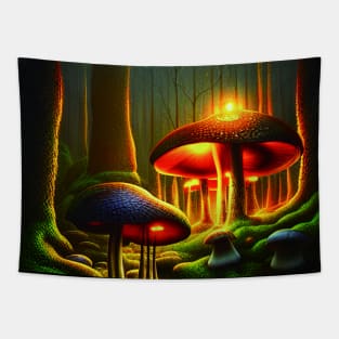 Magical Big Cottage Mushroom House with Lights in Forest with High Trees, Mushroom Aesthetic Tapestry