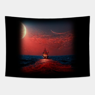 Sailing Ship In Red Glowing Ocean Tapestry