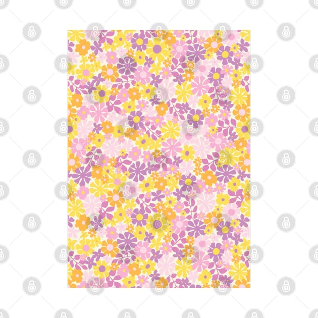 RETRO FLORAL PATTERN 70S  GROOVY PEACH PINK PURPLE YELLOW ORANGE FLOWER MARKET SCANDINAVIAN MEADOW MIDSOMMAR by blomastudios