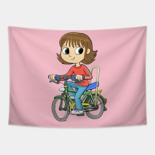 girl riding a bicycle with an extended seat Tapestry