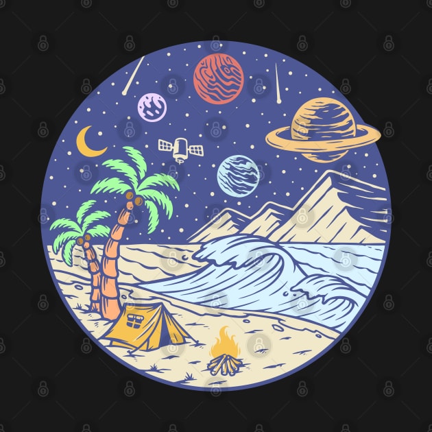 Camping under the moon and Planets - hand drawn by Ravensdesign