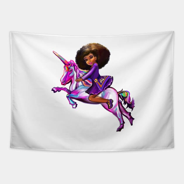 Afro hair Princess anime girl on a unicorn pony, lit up- black girl with curly afro hair on a horse Tapestry by Artonmytee