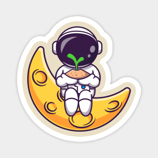 Cute Astronaut Holding Plant On Moon Cartoon Magnet