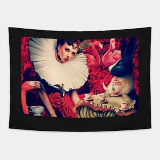 Queen of Hearts, rabbit, flamingo, tea party roses Alice in Wonderland, steam punk Tapestry