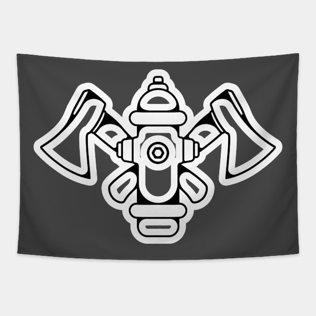 Ax hammer In Cross Sign with Fire Water Hydrant Sticker design logo. Fire department sticker logo design. Fire hydrant with fire axe hammer sticker vector design. Tapestry by AlviStudio