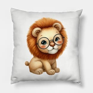 Funny cute lion in glasses watercolor paint Pillow