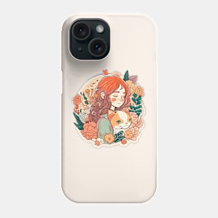 Orange Cat & Girl Kawaii Anime Retro Floral Cat Mom Phone Case