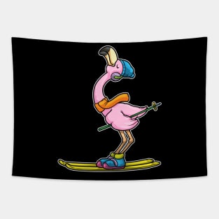 Flamingo as Skier with Skis & Ski pole Tapestry