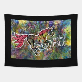 Explore Magic. Magical Unicorn Watercolor Illustration. Tapestry