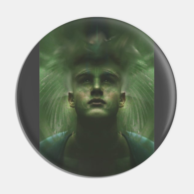 Portrait, digital collage, special processing. Dark, strong. Guy face looking up high. Fantasy. Green, energy flows. Pin by 234TeeUser234