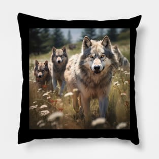 Wildlife: a pack of wolves wandering through a meadow Pillow