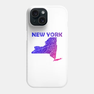 Colorful mandala art map of New York with text in blue and violet Phone Case