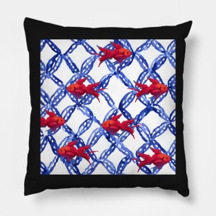 Gold fish and blue lattice Pillow