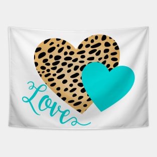 Cheetah Leopard with Turquoise Hearts and Love Text Tapestry