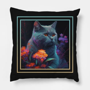 Puffy Chartreux Cat Vibrant Tropical Flower Digital Oil Painting Portrait Pillow