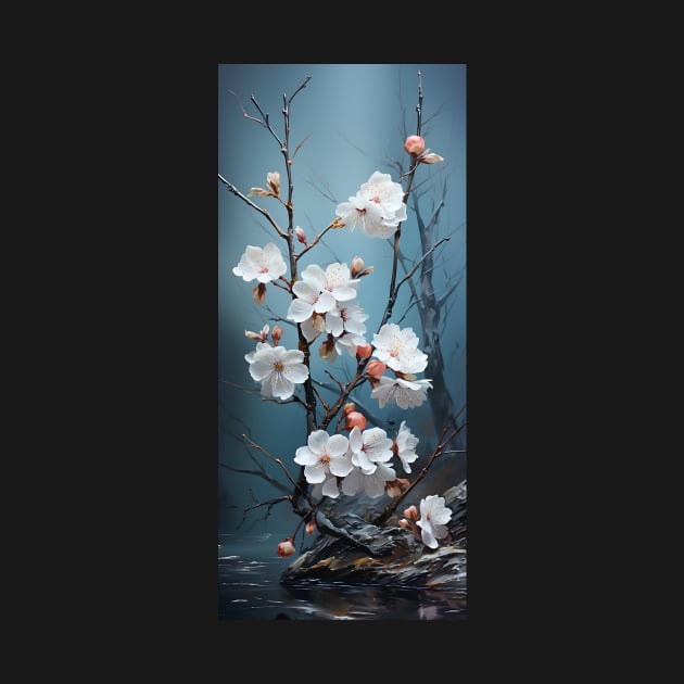 Landscape painting of a tree blossoming with white flowers by UmagineArts