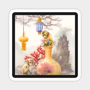 Monkeys in chinoiserie landscape Magnet