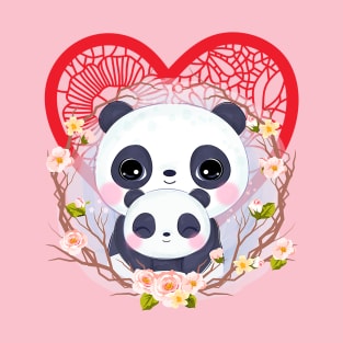 Mama Panda and baby with RED lace heart T-Shirt