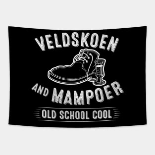 Veldskoen and Mampoer, old school cool, vintage style design with a lineart Veldskoen, liquor glass and wording Tapestry