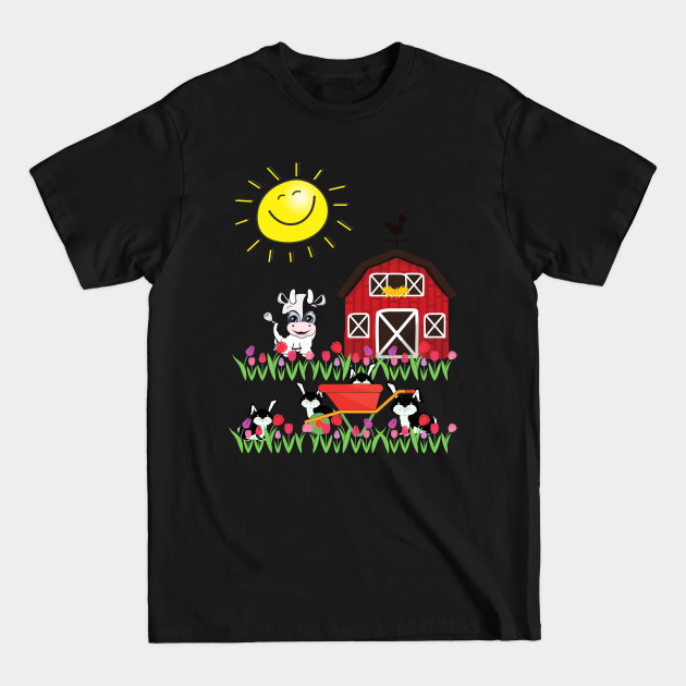 Discover Cute Little Cow Red Barn Smiling Sun Playful Bunnies - Kids Clothes - T-Shirt