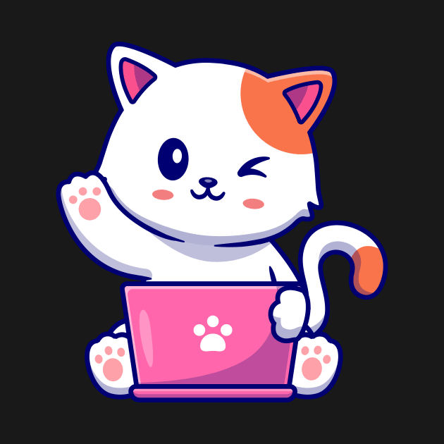 Cute Cat Working On Laptop With Coffee Cup Cartoon by Catalyst Labs