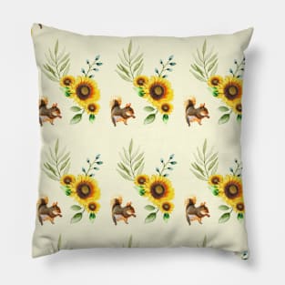 Pattern of Happy Squirrel with Sunflowers and Leaves Pillow