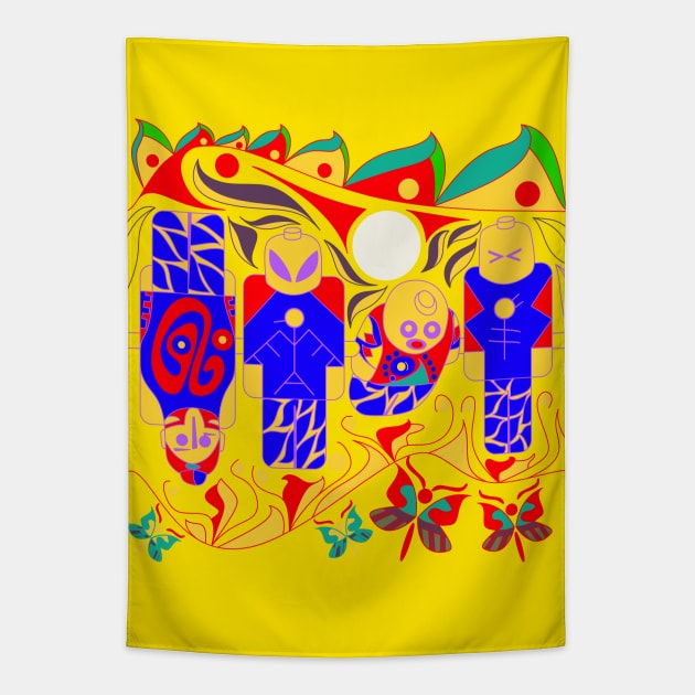 aztec alien pattern in buttefly skies ecopop Tapestry by jorge_lebeau