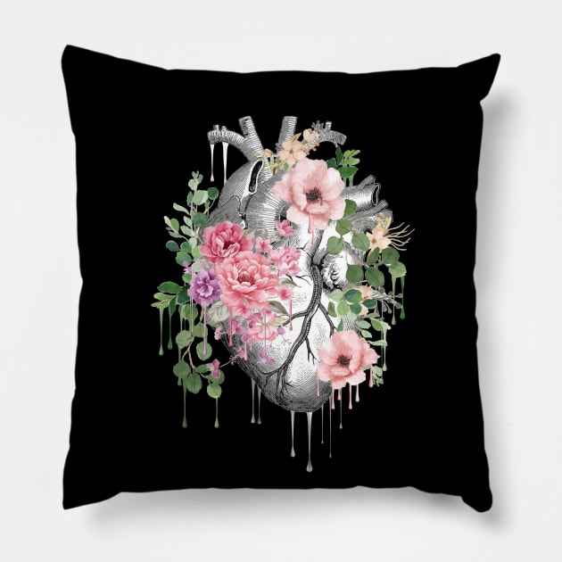 Heart Human Anatomy pink flowers and green leaves Pillow by Collagedream