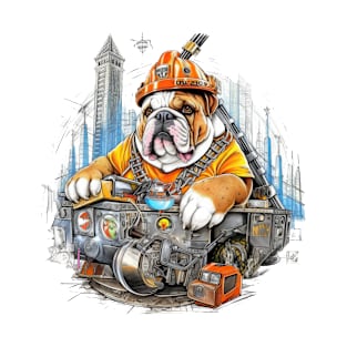 A Carpenter English Bulldog with a hard hat and safety vest, repairing a large crane at a construction T-Shirt