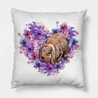 Cute Little Bunny Rabbit inside of Watercolor Flower Heart, Painting Pillow