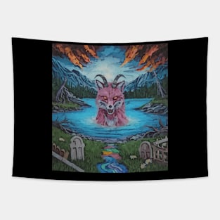 watercolor zombie fox in lake with horns Tapestry