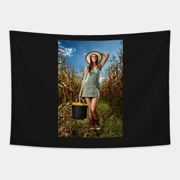 Woman farmer carrying a bucket of corn cobs Tapestry by naturalis