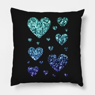 Teal and Dark Blue Ombre Faux Glitter Hearts Pillow