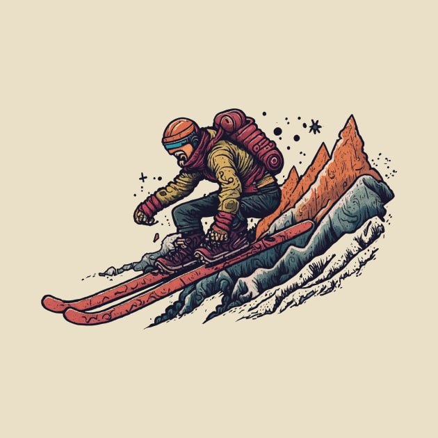 skier in Retro Sci-Fi Art style by Johann Brangeon