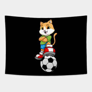 Cat as Soccer player with Soccer ball and Shoes Tapestry