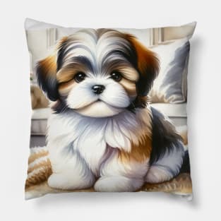 Watercolor Shih Tzu Puppies Painting - Cute Puppy Pillow