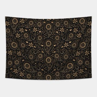 Beautiful Paisley Floral Pattern - Shades of Gold on Black Tapestry