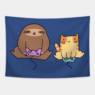 Sloth and Cat Playing Games Tapestry