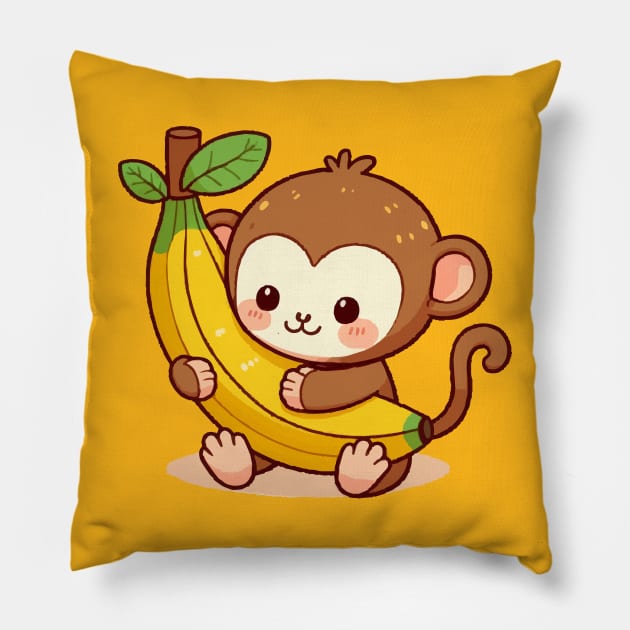 cute cartoon baby monkey hugs banana Pillow by fikriamrullah