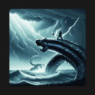 Thor Riding a Huge Serpent - Epic Illustration for Your Home T-Shirt