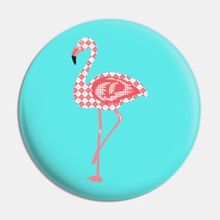 Fashionista Pink and White Argyle Pattern Flamingo on Blue Background Pin